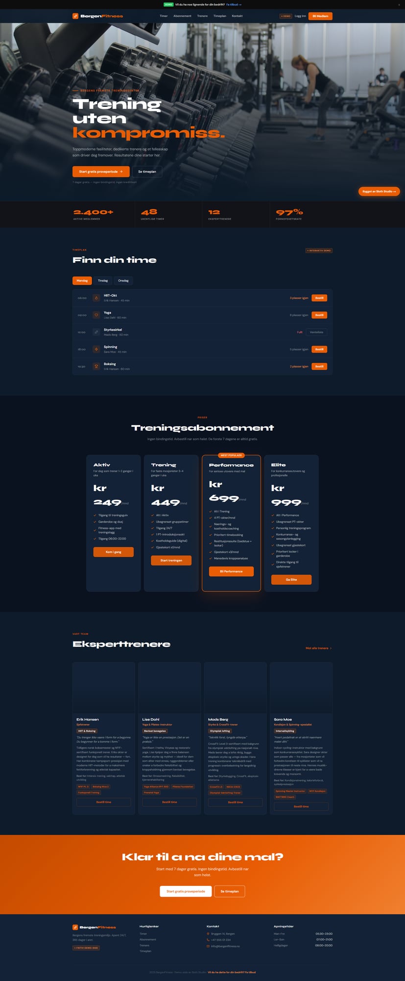 Bergen Fitness — Fitness brand with class schedule, members, and PDF booking