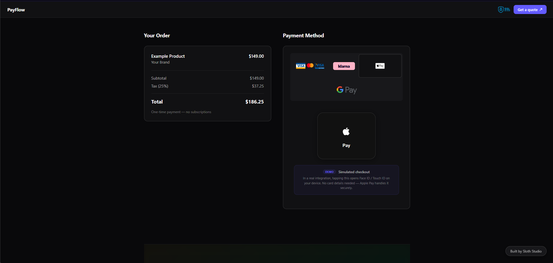 PayFlow — Multi-method checkout sandbox — card, Klarna, Apple Pay, Google Pay, MobilePay